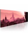 Tableau rose d'orient avec silhouettes de pagodes et tête de Bouddha en tons roses
