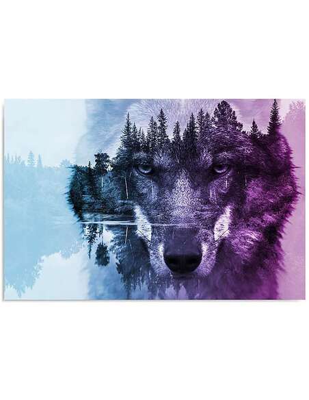 Tableau LOUP SUR UN FOND DE FORÊT - VIOLET imprimé sur bois - par Feeby
