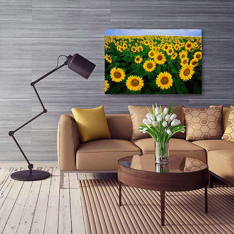 Tableau champ de tournesols dans un salon avec canapé beige et lampe