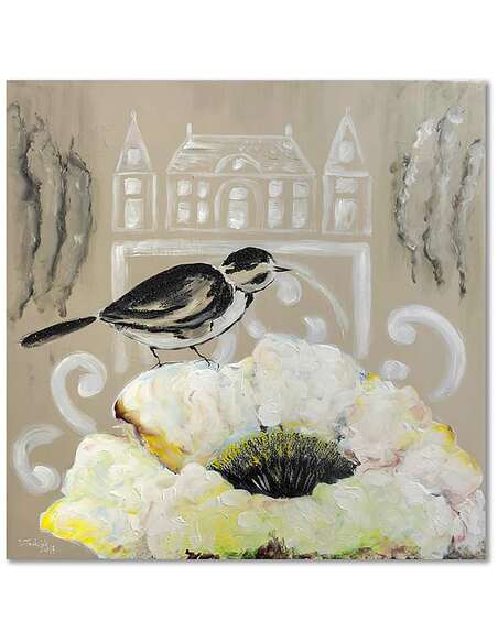 Tableau FLEUR BLANCHE ET OISEAU NOIR imprimé sur toile - par Feeby