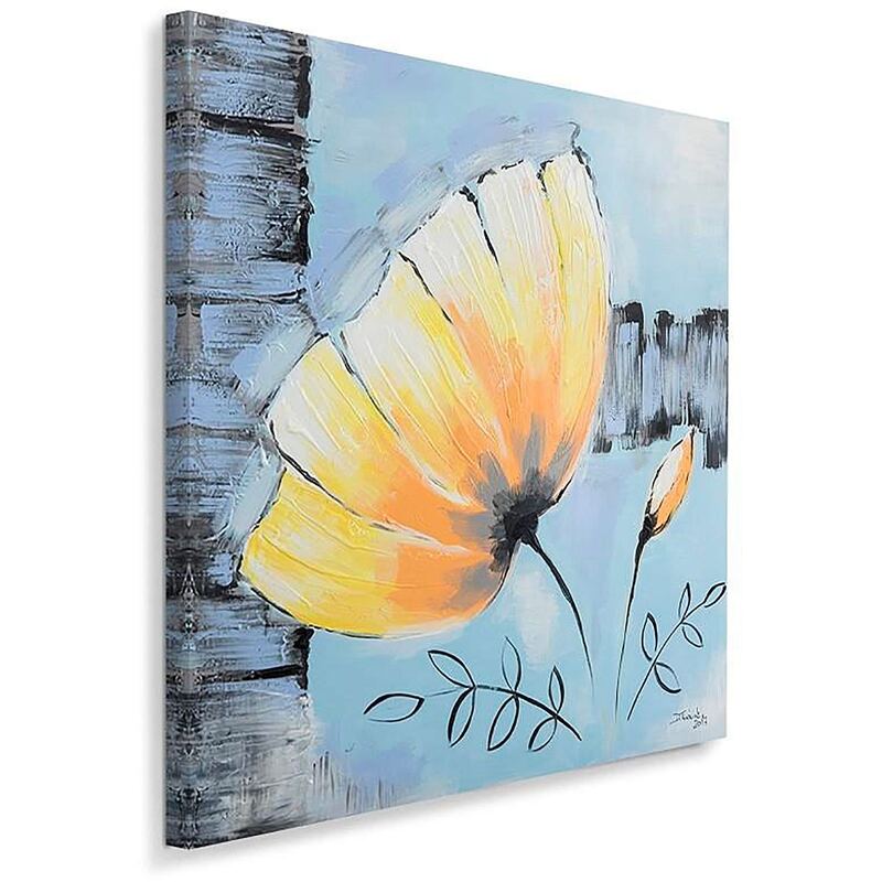 Tableau fleur jaune 3 vu de biais, mettant en relief la texture peinte de la toile