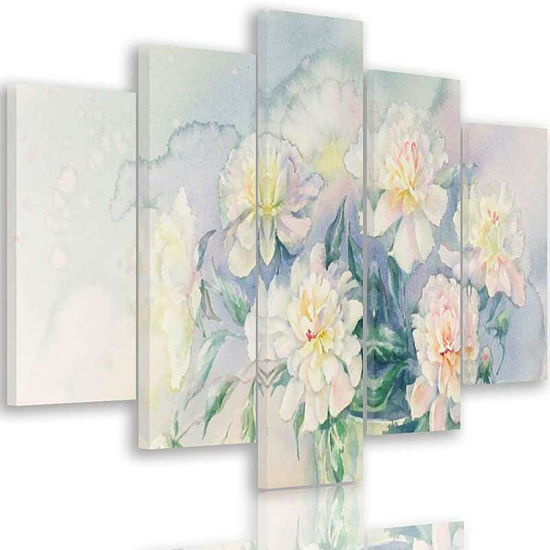 Composition de 5 tableaux FLEURS BLANCHES DANS UN POT imprimé sur toile - par Feeby