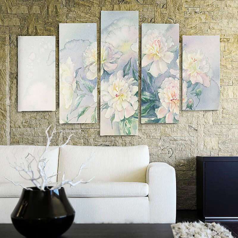 Composition de 5 tableaux FLEURS BLANCHES DANS UN POT imprimé sur toile - par Feeby