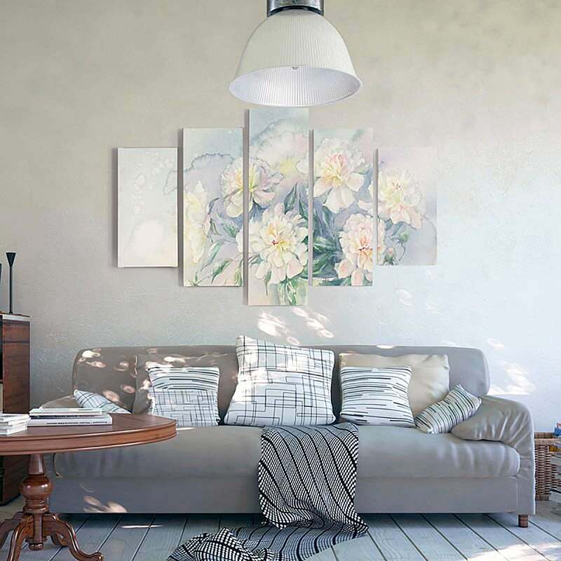 Composition de 5 tableaux FLEURS BLANCHES DANS UN POT imprimé sur toile - par Feeby