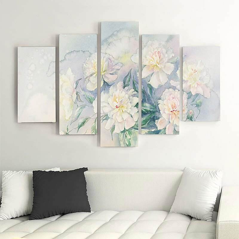 Composition de 5 tableaux FLEURS BLANCHES DANS UN POT imprimé sur toile - par Feeby