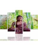 Composition de 5 tableaux LE BOUDDHA SUR LE FOND DE BAMBOU imprimé sur toile - par Feeby