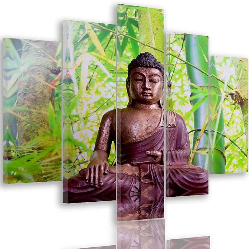 Composition de 5 tableaux LE BOUDDHA SUR LE FOND DE BAMBOU imprimé sur toile - par Feeby