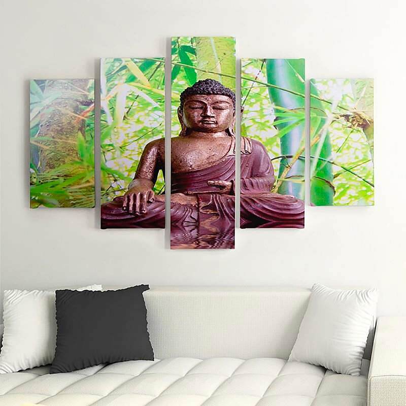 Composition de 5 tableaux LE BOUDDHA SUR LE FOND DE BAMBOU imprimé sur toile - par Feeby
