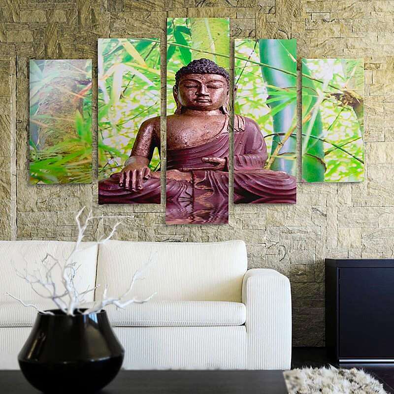 Composition de 5 tableaux LE BOUDDHA SUR LE FOND DE BAMBOU imprimé sur toile - par Feeby