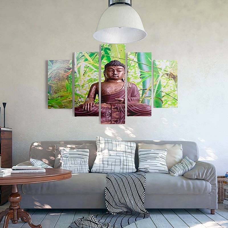 Composition de 5 tableaux LE BOUDDHA SUR LE FOND DE BAMBOU imprimé sur toile - par Feeby