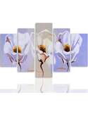 Tableau trois fleurs blanches en cinq panneaux sur fond lavande