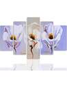 Tableau trois fleurs blanches en cinq panneaux sur fond lavande
