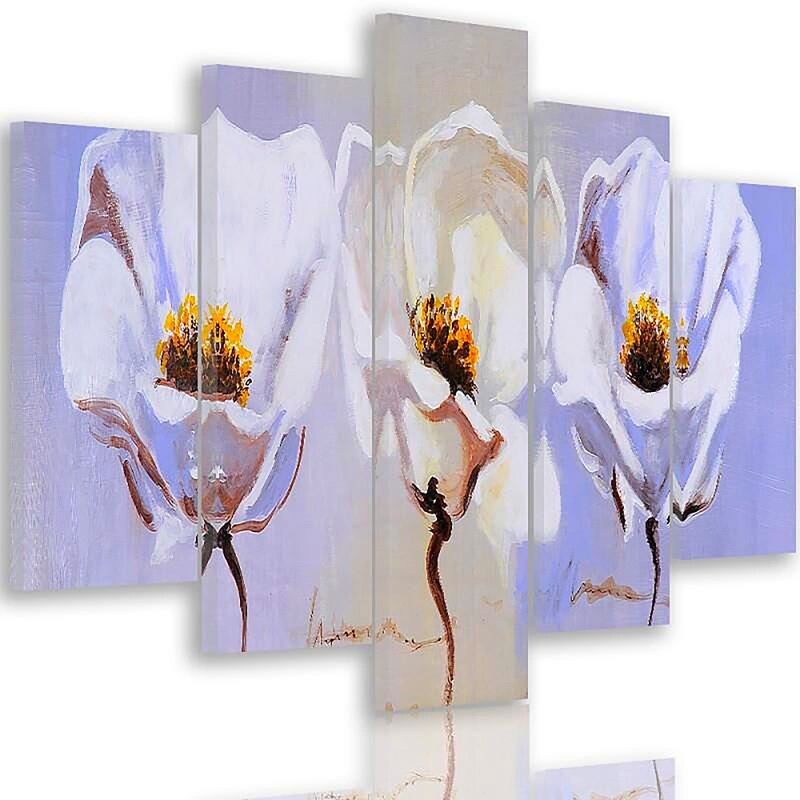 Vue en biais du tableau trois fleurs blanches, panneaux légèrement décalés