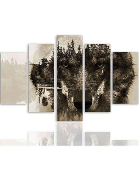 Composition de 5 tableaux LOUP SUR UN FOND DE FORÊT BRUN imprimé sur toile - par Feeby