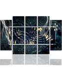 Tableau abstraction de l'eau en cinq panneaux gris et noir aux reflets dorés