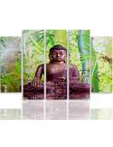 Tableau le bouddha sur le fond de bambou en vert et brun, triptyque sur cinq panneaux
