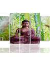 Tableau le bouddha sur le fond de bambou en vert et brun, triptyque sur cinq panneaux