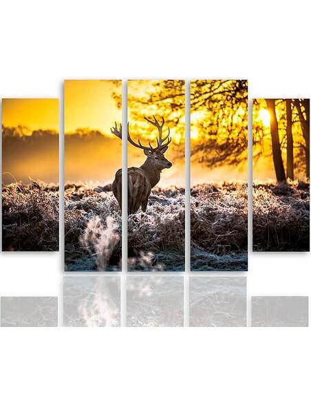 Composition de 5 tableaux COUCHER DE SOLEIL CERF imprimé sur toile - par Feeby