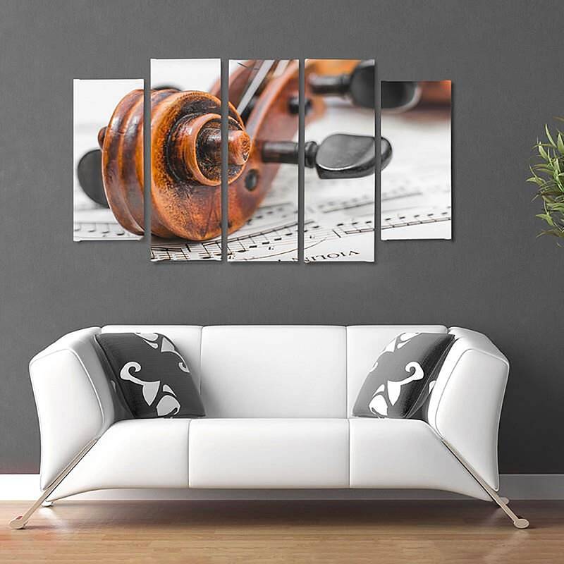 Composition de 5 tableaux VIOLON SUR PARTITION imprimé sur toile - par Feeby