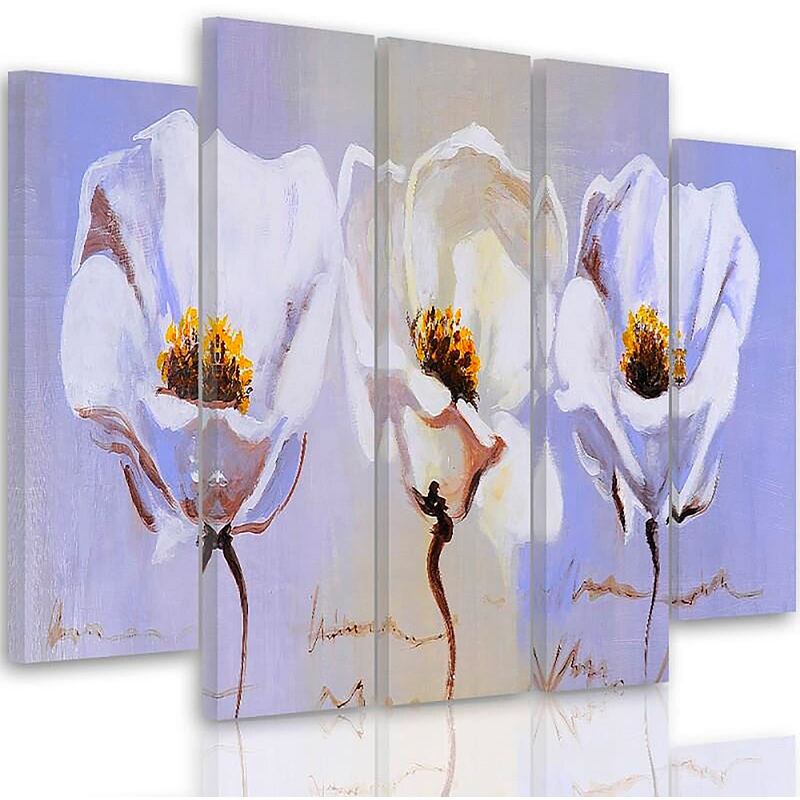 Tableau trois fleurs en cinq panneaux, vue de face rapprochée des fleurs blanches et de leurs cœurs jaunes