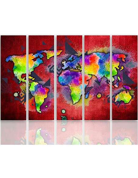 Composition de 5 tableaux CARTE COLORÉE DU MONDE imprimé sur toile - par Feeby