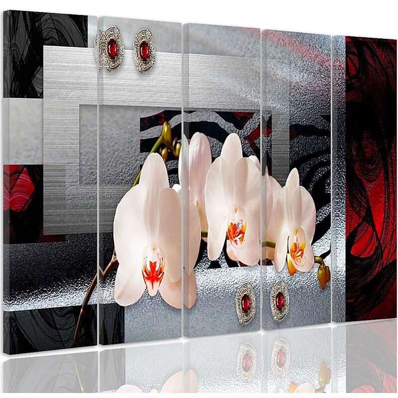 Tableau orchidée blanche vue de face sur cinq panneaux, détail des fleurs et boucles ornées