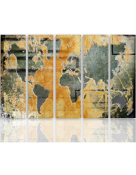 Composition de 5 tableaux CARTE DU MONDE EN GRAPHITE imprimé sur toile - par Feeby