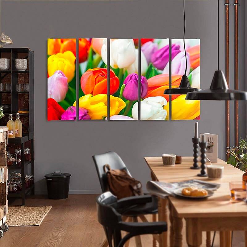 Composition de 5 tableaux TULIPES COLORÉES imprimé sur toile - par Feeby