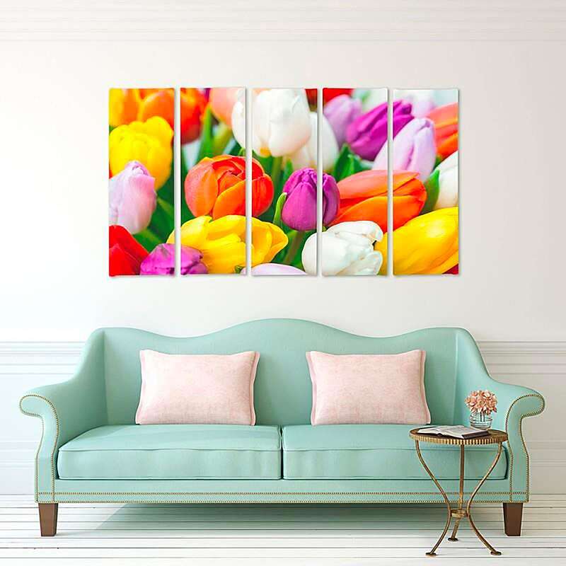 Composition de 5 tableaux TULIPES COLORÉES imprimé sur toile - par Feeby