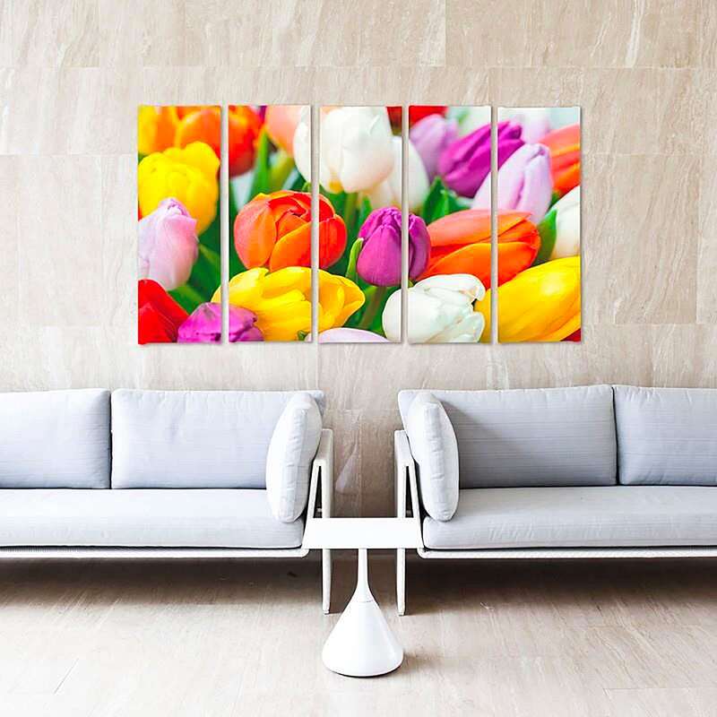 Composition de 5 tableaux TULIPES COLORÉES imprimé sur toile - par Feeby
