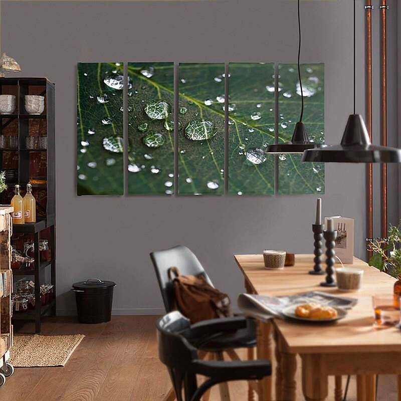 Composition de 5 tableaux GOUTTES DE PLUIE SUR UNE FEUILLE imprimé sur toile - par Feeby