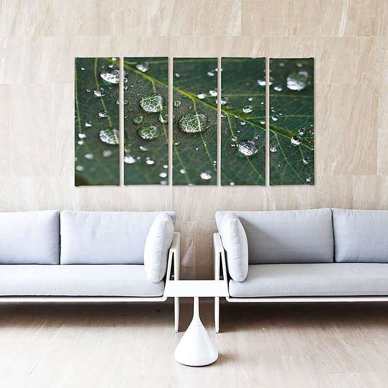 Composition de 5 tableaux GOUTTES DE PLUIE SUR UNE FEUILLE imprimé sur toile - par Feeby