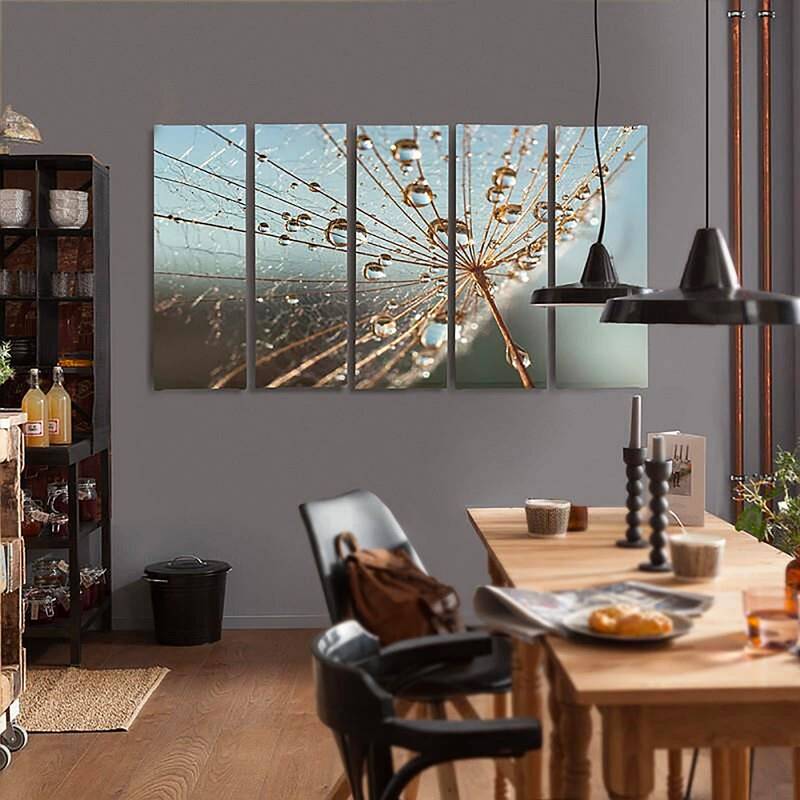 Composition de 5 tableaux DES GOUTTES DE ROSÉE ET COBWEB imprimé sur toile - par Feeby