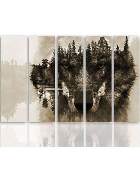 Composition de 5 tableaux L’ARRIÈRE-PLAN DE LA FORÊT DE LOUP BRUN imprimé sur toile - par Feeby