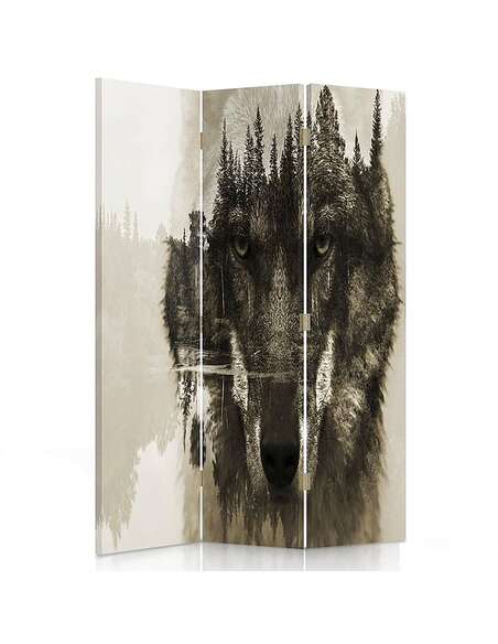 Paravent 3 volets LOUP SUR UN FOND DE FORÊT BRUN - par Feeby