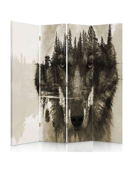 Paravent 4 volets LOUP SUR UN FOND DE FORÊT BRUN - par Feeby