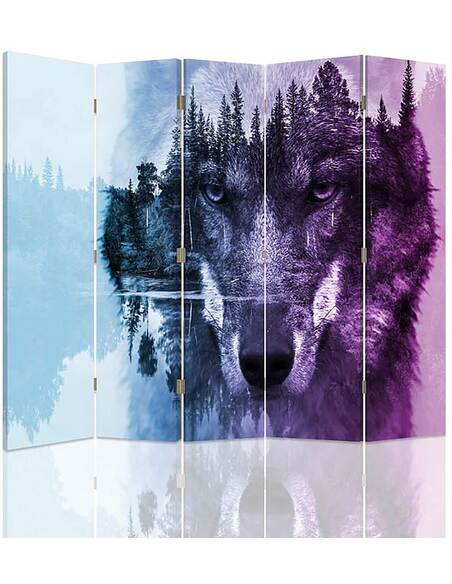 Paravent 5 volets L’ARRIÈRE-PLAN DE LA FORÊT DE LOUP VIOLET - par Feeby