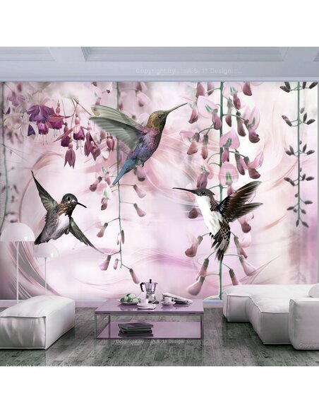 Papier peint FLYING HUMMINGBIRDS ROSE 