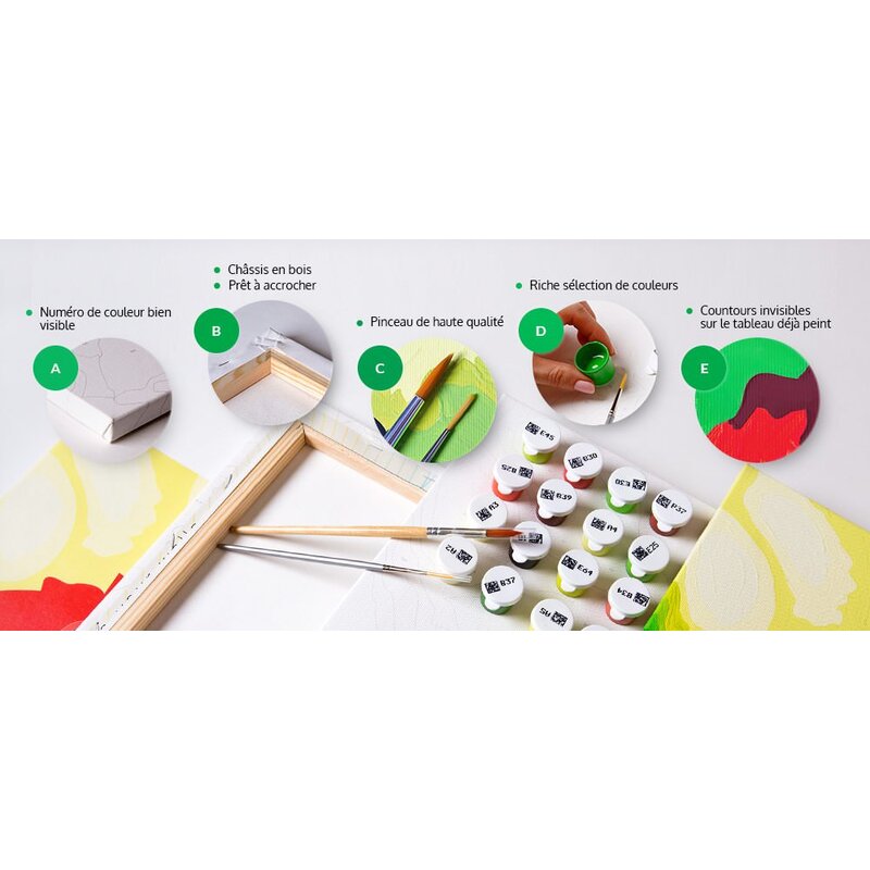 Kit de peinture par numéros lotus, illustration des éléments fournis : pinceaux et pots de peinture
