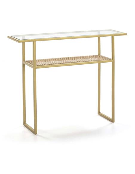 Console 100x27x80 Verre/Rotin/Métal Doré