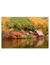 Tableau le paysage côtier, village aux toits de chaume au bord d'un lac et forêt d'automne orangée