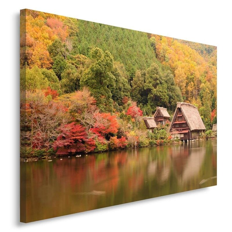 Tableau le paysage côtier vu de biais, toile épaisse sur châssis, lac et forêt aux teintes rouges et orangées