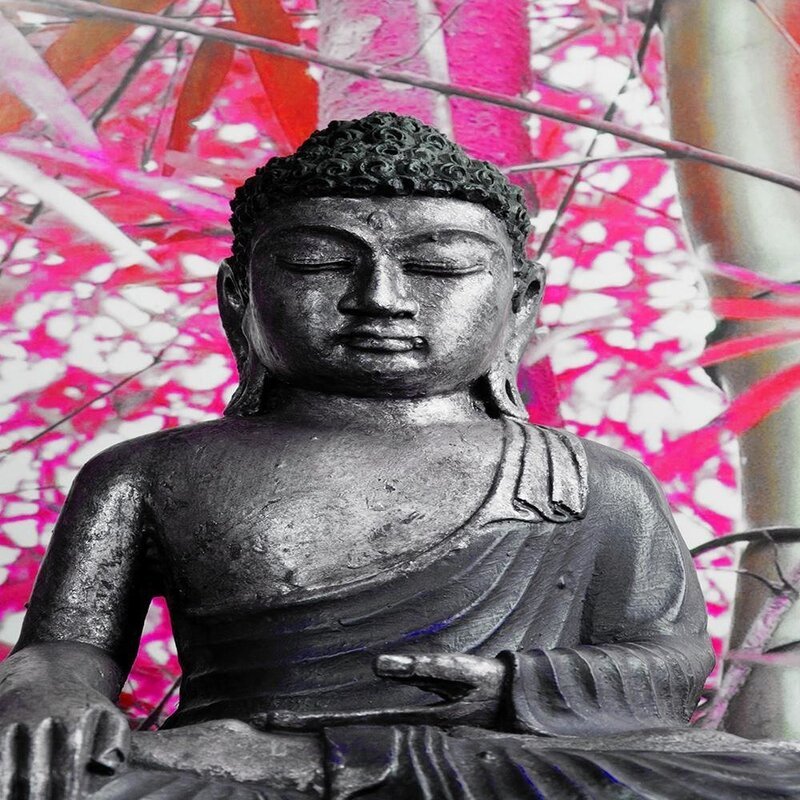 Tableau bouddha et bambou, gros plan sur la statue et le feuillage rose