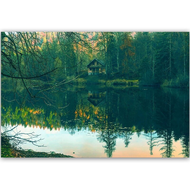 Tableau maison du lac 3 vu de face, cabane au bord d'un lac entouré de forêt
