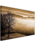 Tableau brouillard sur le lac 1 en tons sépia, arbres dénudés et brume au-dessus d'un champ