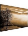 Tableau brouillard sur le lac 1 en tons sépia, arbres dénudés et brume au-dessus d'un champ