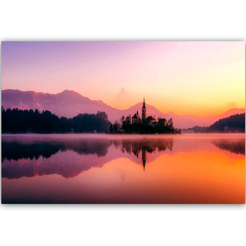 Tableau château sur un lac de montagne vu de face, reflet dans l'eau