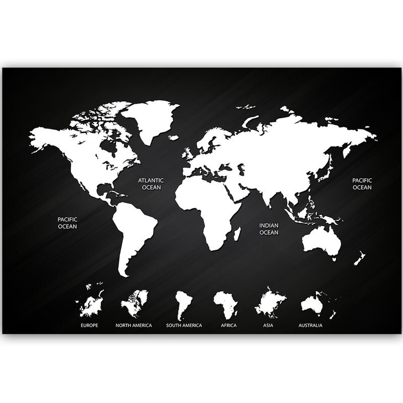 Carte du monde blanche sur fond noir avec continents en miniature