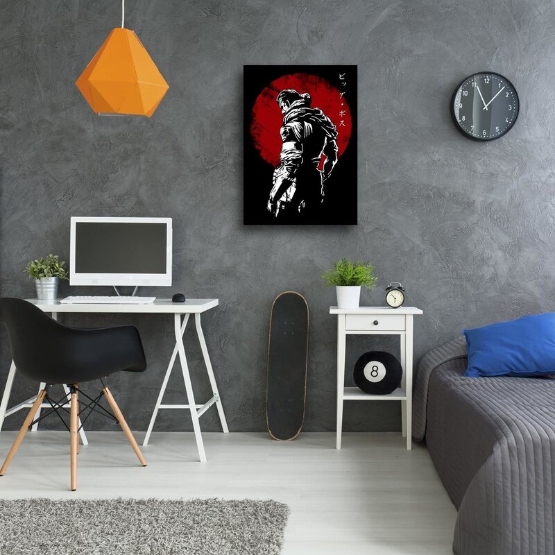 Tableau Big Boss accroché au mur d'un bureau avec lampe orange et horloge