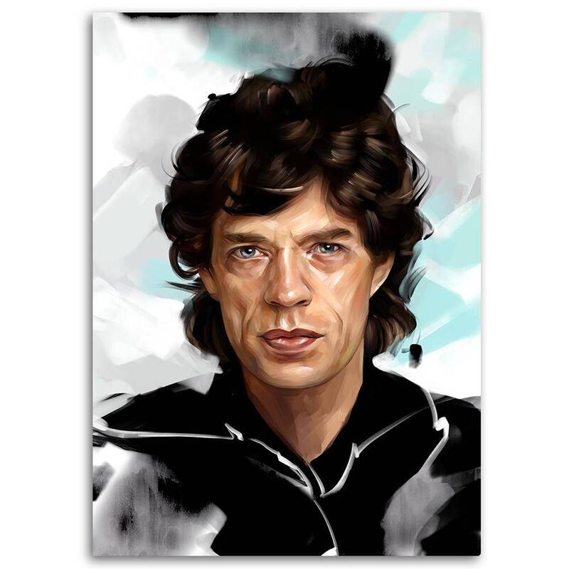 Tableau portrait de Mike Jagger, vue de face sur fond blanc et gris